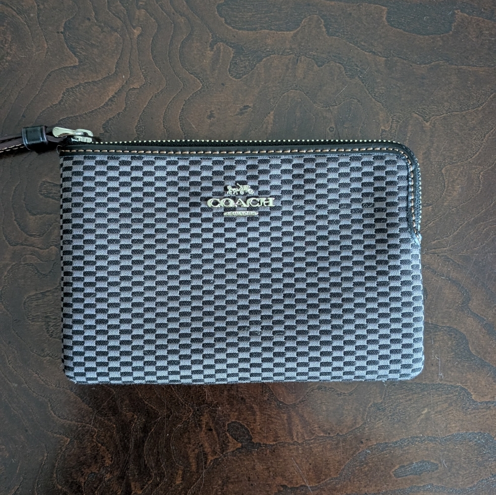 Coach Legacy Jacquard Wristlet Black and Gray Checked Leather Strap